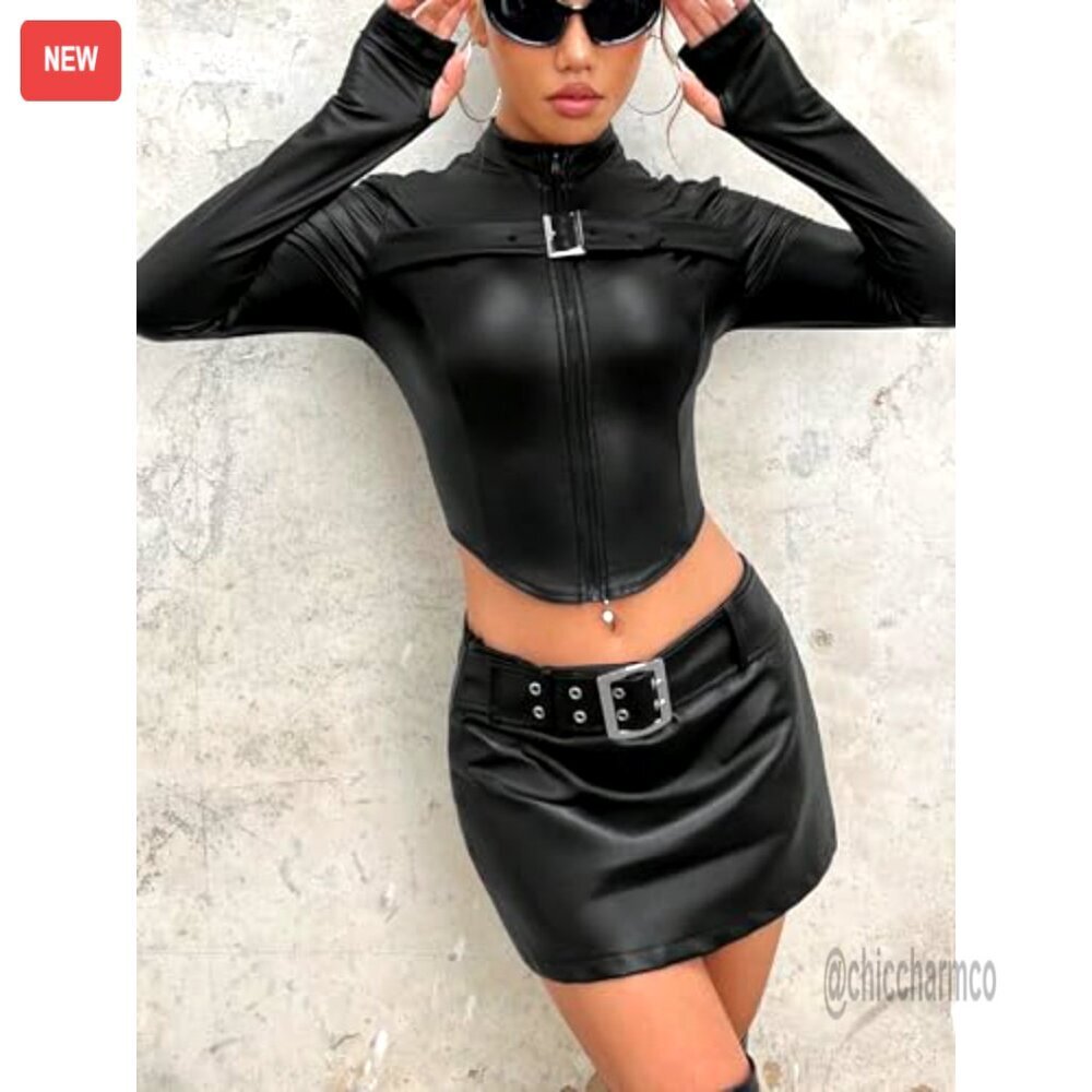 Leather Cropped Jacket Zip Up Outerwear Long Sleeve Stand Collar - Picture 6 of 6